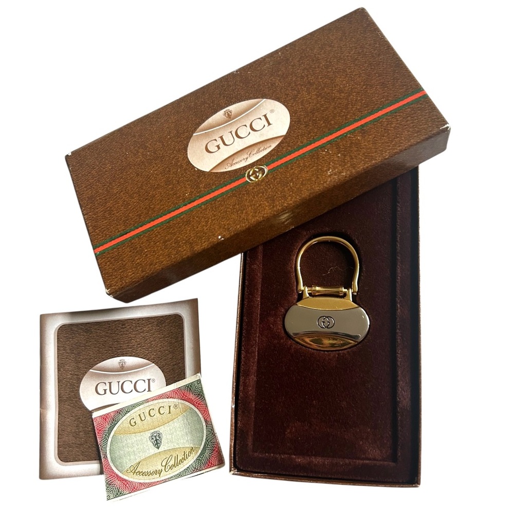 Vtg Gucci Keychain Key Ring Silver Gold 2 Tone Rigato Shield W Box